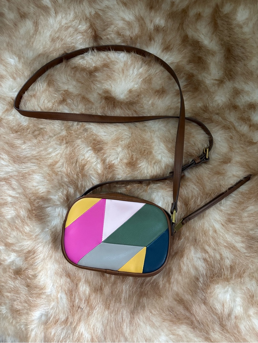 Fossil Multicolor Geometric Leather Crossbody - Pink, Green, Navy, Yellow, Gray